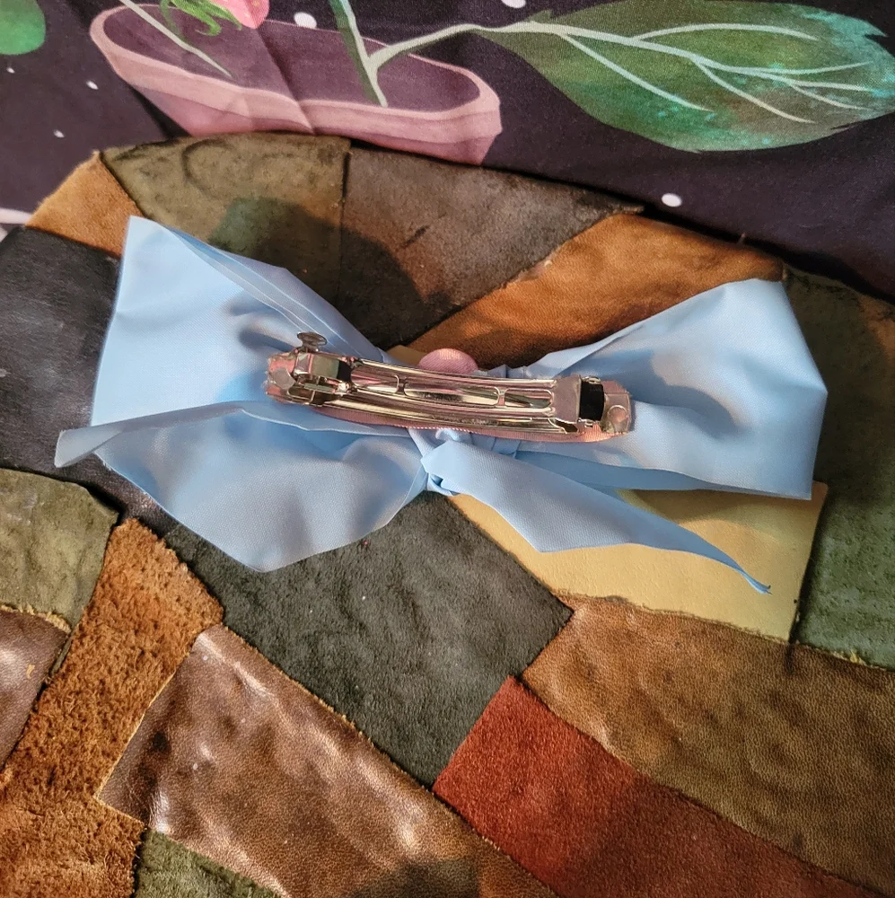Pastel Blue Ribbon Pink Flower Barrette! Handmade!